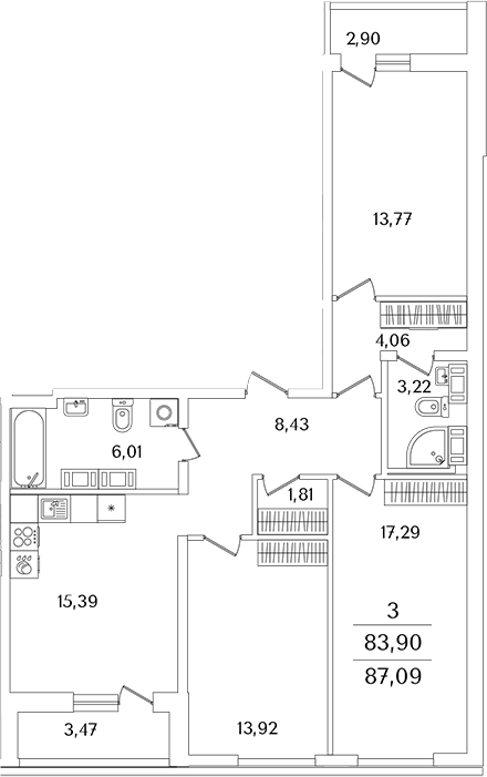 Планировка — Лайнеръ, 3-комн., 86 м²