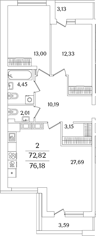 Планировка — Лайнеръ, 3-комн., 73 м²
