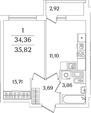 Планировка — Лайнеръ, 1-комн., 34 м²