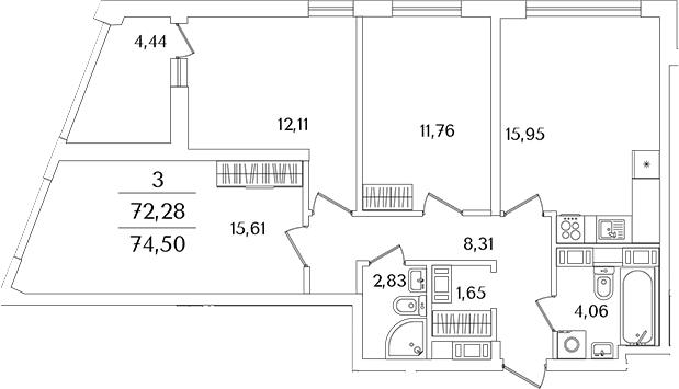 Планировка — Лайнеръ, 3-комн., 74 м²