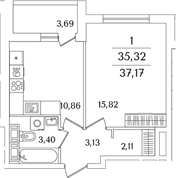 Планировка — Лайнеръ, 1-комн., 37 м²