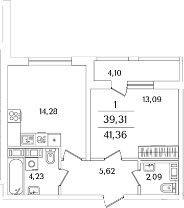 Планировка — Лайнеръ, 2-комн., 39 м²