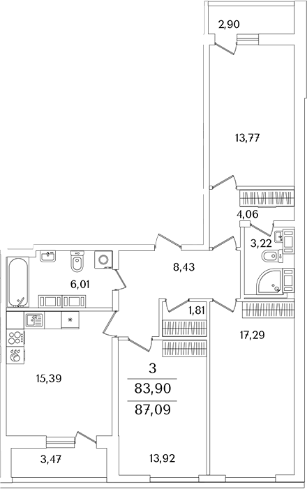 Планировка — Лайнеръ, 3-комн., 84 м²