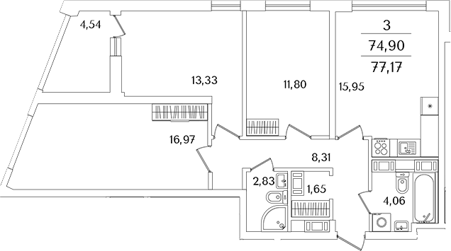 Планировка — Лайнеръ, 3-комн., 74 м²