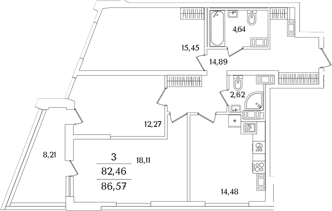 Планировка — Лайнеръ, 3-комн., 82 м²