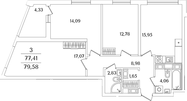Планировка — Лайнеръ, 3-комн., 76 м²