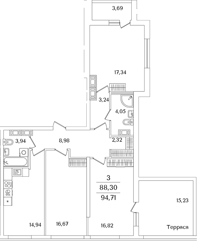 Планировка — Лайнеръ, 3-комн., 86 м²