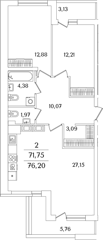 Планировка — Лайнеръ, 3-комн., 72 м²