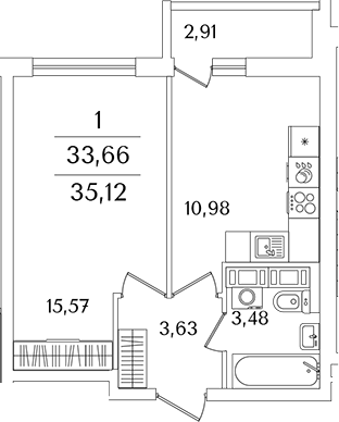 Планировка — Лайнеръ, 1-комн., 34 м²