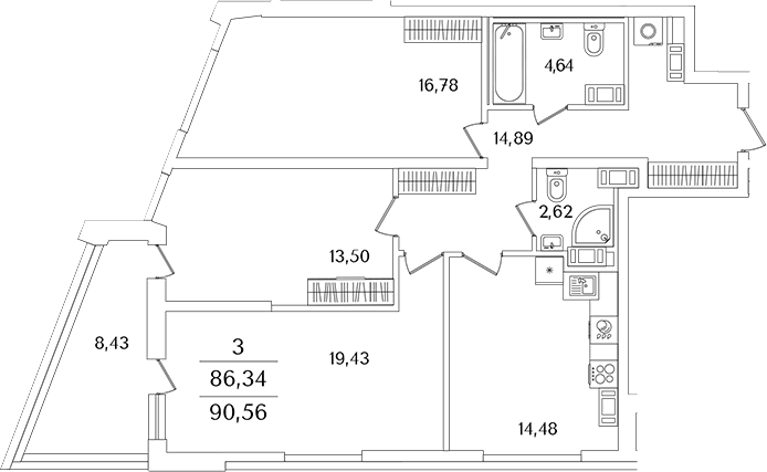 Планировка — Лайнеръ, 3-комн., 86 м²