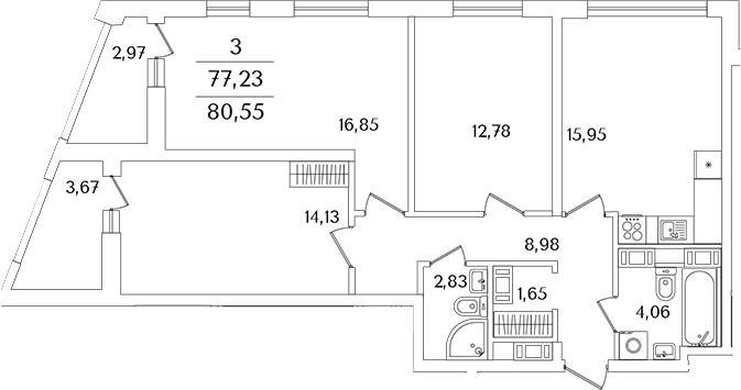 Планировка — Лайнеръ, 3-комн., 76 м²