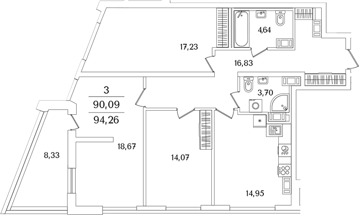 Планировка — Лайнеръ, 3-комн., 89 м²