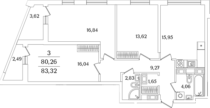 Планировка — Лайнеръ, 3-комн., 79 м²