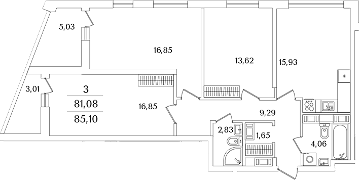 Планировка — Лайнеръ, 3-комн., 80 м²