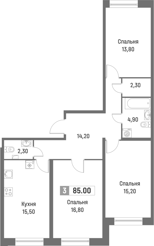Планировка — Фотограф, 4-комн., 85 м²