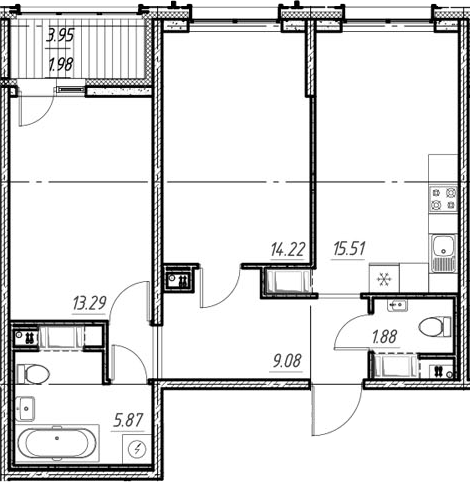 Планировка — Новый Московский, 3-комн., 60 м²