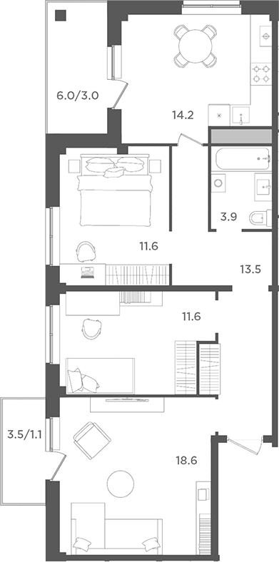 Планировка — Новокасимово, 3-комн., 73 м²