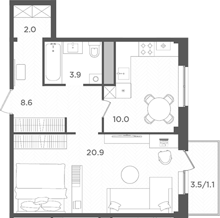 Планировка — Новокасимово, 1-комн., 45 м²