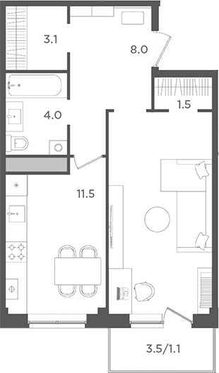 Планировка — Новокасимово, 1-комн., 45 м²