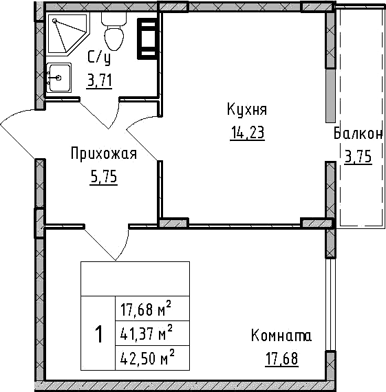 Планировка — ВЕРЕВО-СИТИ, 1-комн., 41 м²
