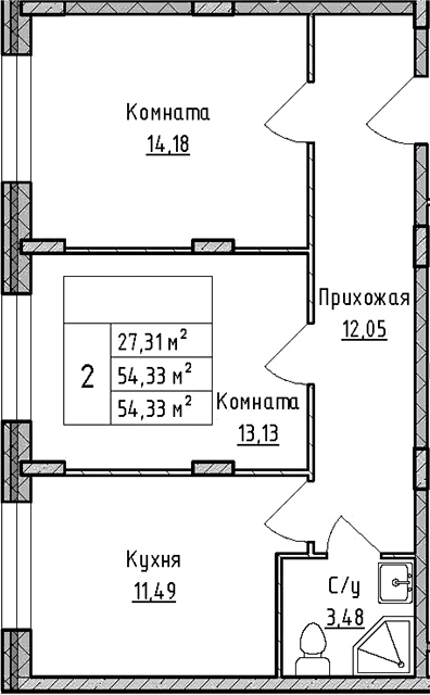 Планировка — ВЕРЕВО-СИТИ, 2-комн., 54 м²