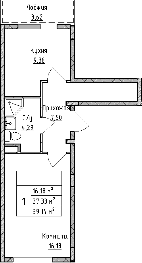 Планировка — ВЕРЕВО-СИТИ, 1-комн., 37 м²