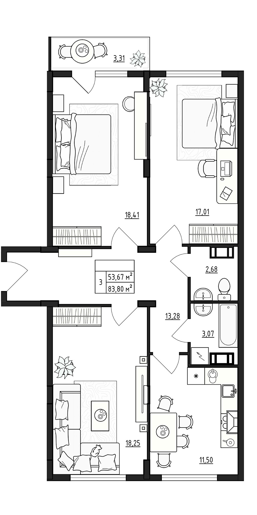 Планировка — ВЕРЕВО-СИТИ, 3-комн., 84 м²