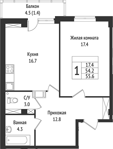 Планировка — Южная звезда, 2-комн., 58 м²