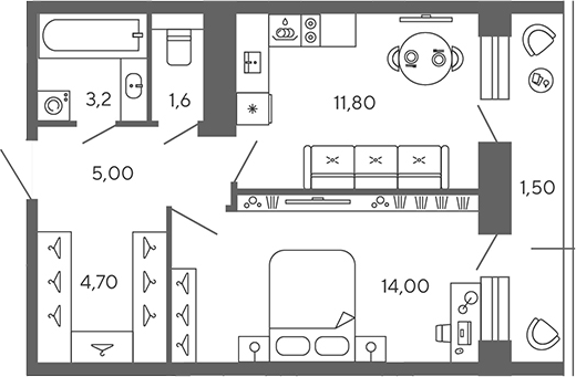 Планировка — Экоквартал Гармония, 1-комн., 39 м²