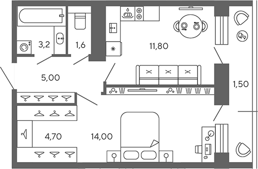 Планировка — Экоквартал Гармония, 1-комн., 39 м²