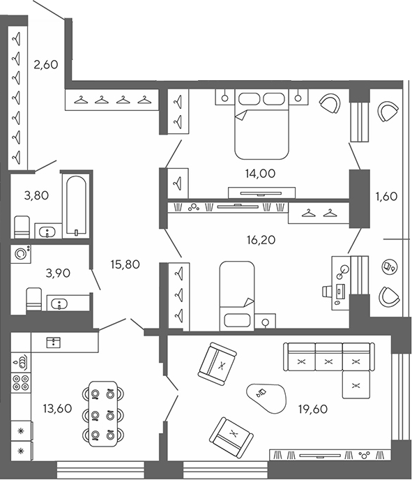 Планировка — Экоквартал Гармония, 3-комн., 87 м²