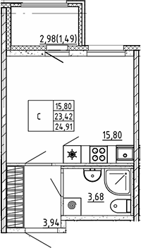 Планировка — Квартал Воронцовский, Студия, 23 м²