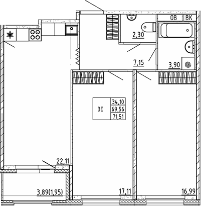 Планировка — Квартал Воронцовский, 3-комн., 70 м²