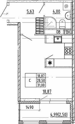 Планировка — Квартал Воронцовский, Студия, 29 м²