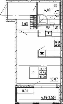 Планировка — Квартал Воронцовский, Студия, 29 м²