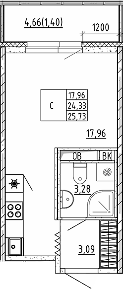 Планировка — Квартал Воронцовский, Студия, 24 м²