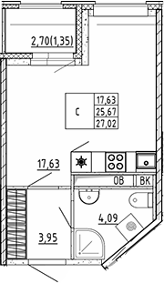Планировка — Квартал Воронцовский, Студия, 26 м²