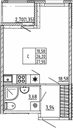 Планировка — Квартал Воронцовский, Студия, 26 м²