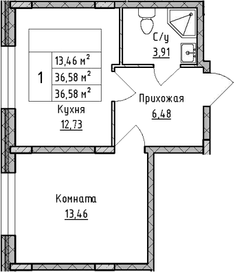 Планировка — ВЕРЕВО-СИТИ, 1-комн., 37 м²