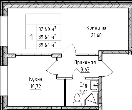 Планировка — ВЕРЕВО-СИТИ, 1-комн., 40 м²