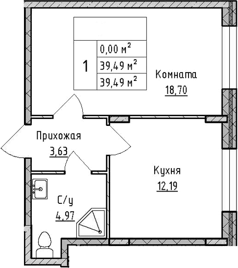 Планировка — ВЕРЕВО-СИТИ, 1-комн., 39 м²