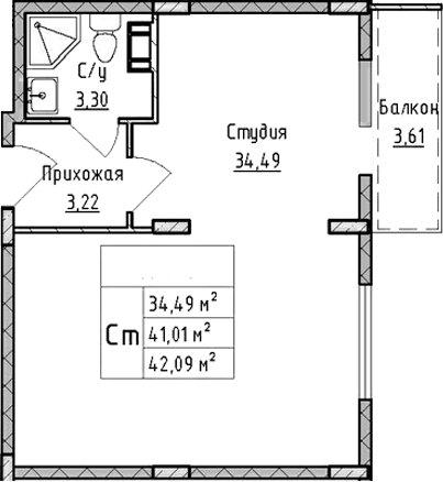 Планировка — ВЕРЕВО-СИТИ, Студия, 41 м²