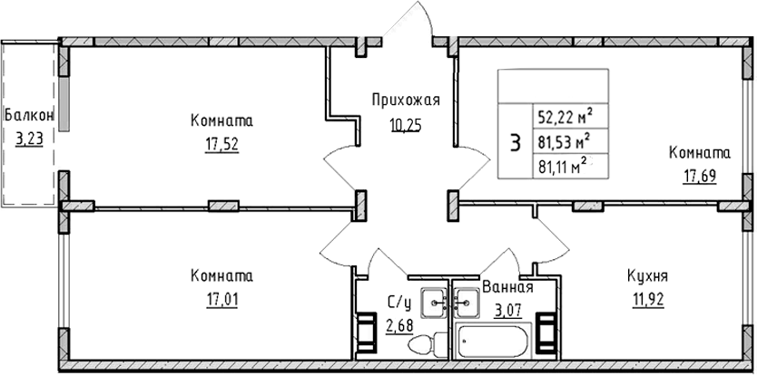 Планировка — ВЕРЕВО-СИТИ, 3-комн., 80 м²