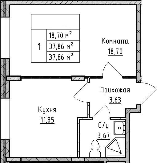 Планировка — ВЕРЕВО-СИТИ, 1-комн., 38 м²