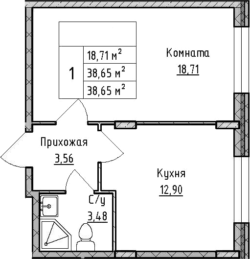 Планировка — ВЕРЕВО-СИТИ, 1-комн., 39 м²