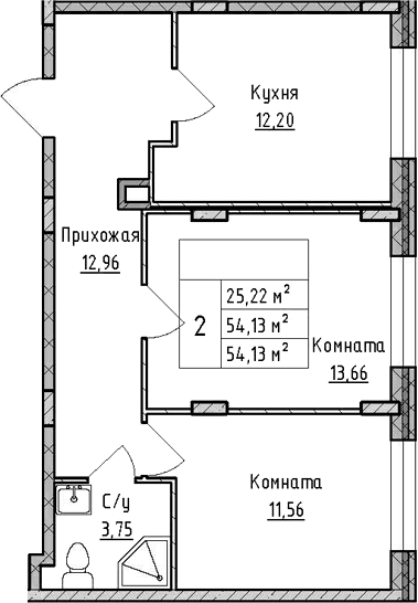 Планировка — ВЕРЕВО-СИТИ, 2-комн., 54 м²