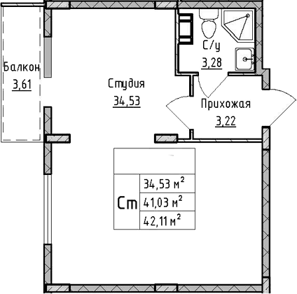 Планировка — ВЕРЕВО-СИТИ, Студия, 41 м²
