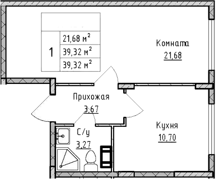 Планировка — ВЕРЕВО-СИТИ, 1-комн., 39 м²