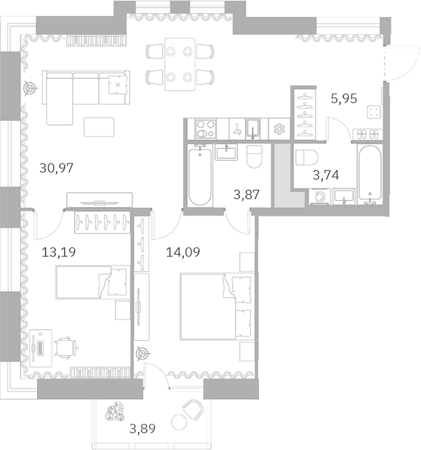 Планировка — Talento, 3-комн., 71 м²