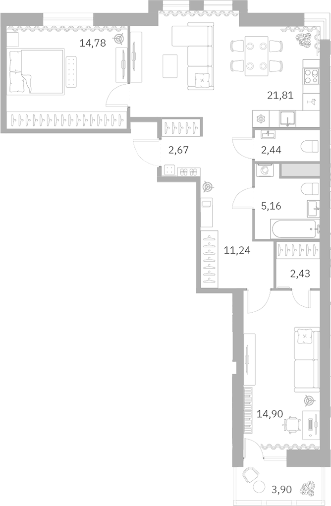 Планировка — Talento, 3-комн., 75 м²